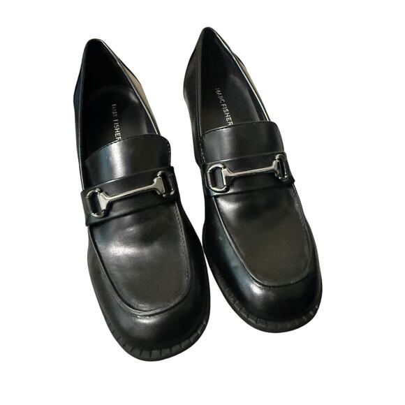 8.5 MARC FISHER WOMENS BLACK DANCEL HEELS LOAFER SHOES - Picture 2 of 6
